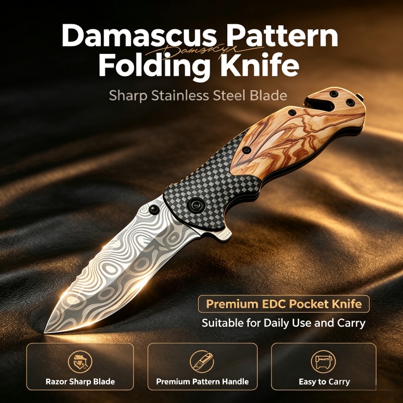 Edc Concealed Carry Knife - Faca Dobrável com Padrão Damasco, Lâmina